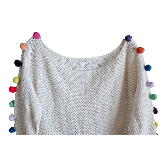 ANTHROPOLOGIE Women's S Sweater Cream with Multicolor Pom Poms Cotton Blend 34" - Picture 2 of 8